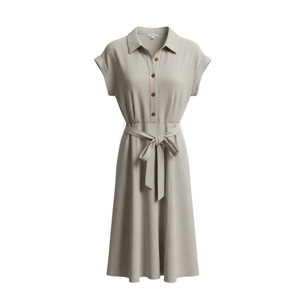 Calvin Klein Shirt Dress Womens 6 Beige Stone Button Front Belted Midi Cap Sleev